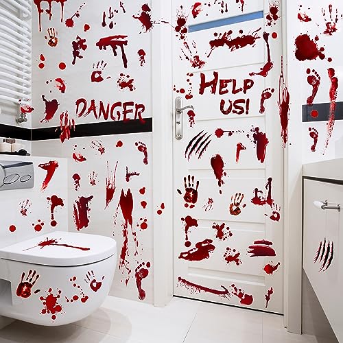 Tatuo 85 Pcs Halloween Bloody Handprint Footprint Floor Stickers Scary Halloween Decor Self Adhesive Bloody Wall Decal Windows Cling Stickers for Window Floor Glass Bathroom Car Indoor Outdoor Party