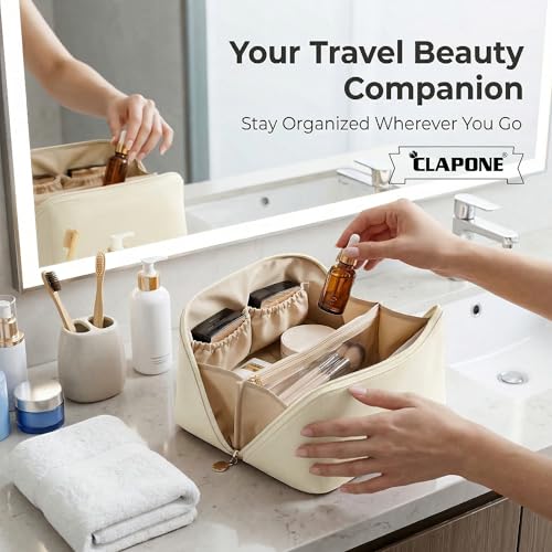 Image of Cosmetic Bag for Women, PU Leather Makeup Pouch, Large Capacity Travel Makeup Organizer with Divider & Handle, Waterproof Portable Vanity Storage Bag for Toiletries (White)