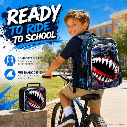 Image of 3Pcs Shark Backpack for Boys, 17 inch Kids Bookbag for Elementary Preschool Kindergarten, School Backpacks with Lunch Box (Blue)