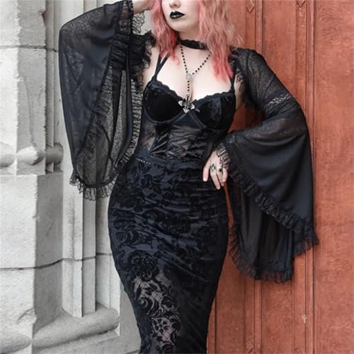 Image of Women Gothic Crop Top Shirt Y2K Black Bell Sleeve Shawl Cardigan