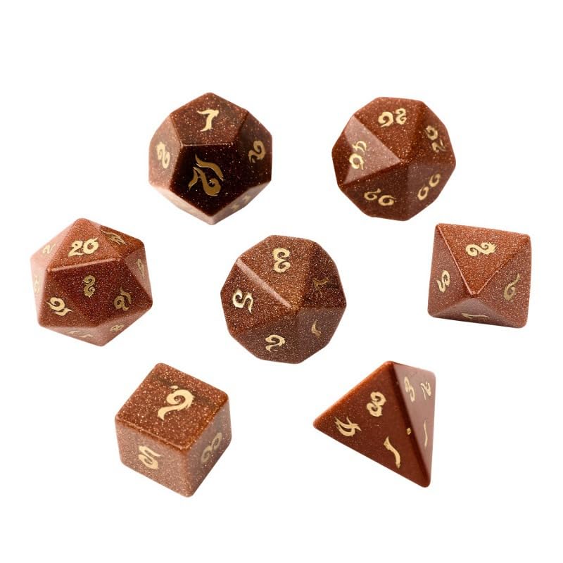 Zestaw kości Goldstone – ręcznie rzeźbione kości z kamieni szlachetnych D4 D6 D8 D10 D12 D20 percentyl lub 7 szt. zestaw wielościenny do DND i RPG stołowych (Sevensuit)