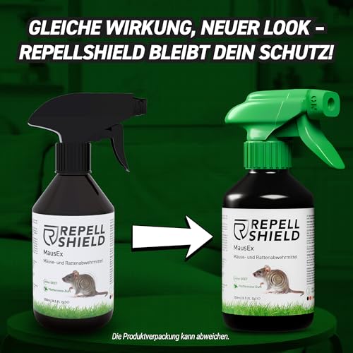 RepellShield® Rattenabwehr & Mäuseabwehr Spray -250ml- Mäuse Abwehrmittel zum Mäuse vertreiben - hält Ratten & Nagetiere fern, Nicht färbend, Pfefferminzöl Duft