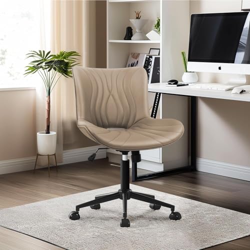 Image of Armless Office Chair, Height Adjustable Desk Chair with Wheels, Ergonomic Comfy 360 Swivel Home Office Computer Task Chair, Faux Leather Padded Cute Vanity Chair, Khaki