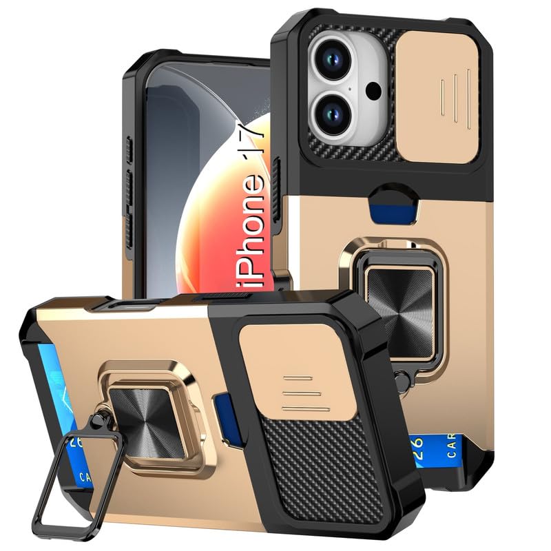 Shockproof Armor Case for iPhone 17 | Slide Camera Cover | Hidden Card Slot | Rotating Ring Kickstand | Magnetic Car Mount Support | Military Grade Protection – Gold