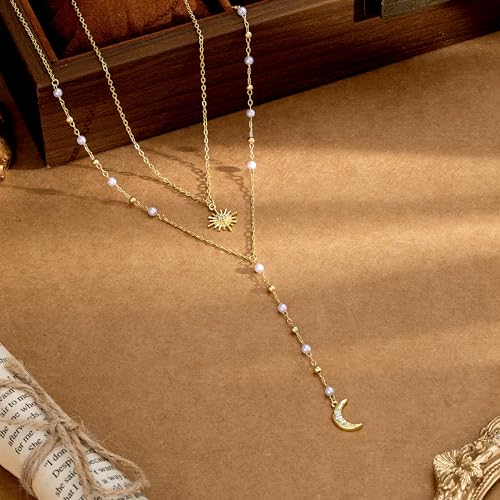 Image of CHESKY Long Necklaces for Women, 14k Gold Plated /Streling Silver Lariat Necklace Dainty Statement Prom Necklace Rosary Cross Sun Drop Pendant Dangle Necklace Gold Prom Jewelry for Women Gifts