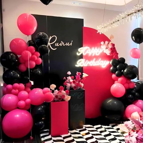 Image of Pink and Black Balloons, 60PCS Hot Pink Black Balloon Set, 12Inch Pastel Light Rosa and Metallic Latex Balloons for Girls Women Princess Birthday Bachelorette Baby Shower Beauty Party Decorations