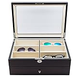 12 Piece Large Ebony Walnut Wood Eyeglass Sunglass Two Level Glasses Display Case with Drawer Storage Box