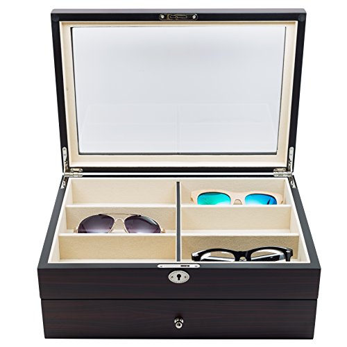 TimelyBuys 12 Piece Large Ebony Walnut Wood Eyeglass Sunglass Two Level Glasses Display Case with Drawer Storage Box