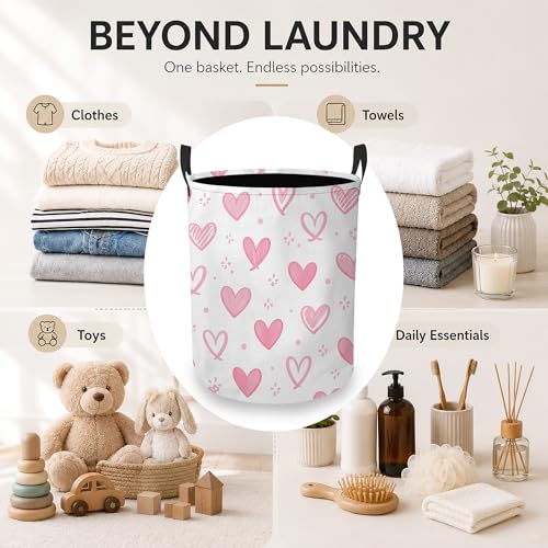 Image of Laundry Hamper, Pink Heart Collapsible Doodle Heart Laundry Baskets Waterproof Oxford Cloth With Handles, Clothes Storage Bucket For Bathroom /Bedroom 16 inch x 20.8 inch