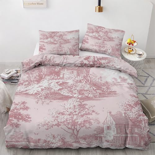 Générique Toile de Jouy Housse de Couette 220x240 - Parure de Lit Motif Rural Vintage en Microfibre - Linge de Lit 2 Personnes Adulte avec Fermeture Éclair...