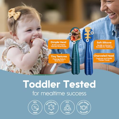 Image of NumNum Baby Spoons Set, Feeding Littles x Silicone Pre-Spoon GOOtensils for Baby Led Weaning, Self-Feeding & Teething, First Stage Toddler Utensils for Ages 6+ Months, 3-Pack, BPA-Free (Jewel Tones)