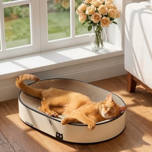 Conlun Cama Rascador Gato Ovalado, Alfombra Rascadora Duradera para Mascotas, Salón 2 en 1 Descansar y Arañar, Protege Muebles, Grande(50x35x9 cm)