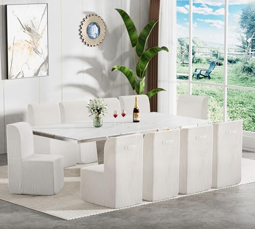 Image of 11-Piece Extendable Dining Table Set for 10, Modern 63 inch-94 inch White Marble Expandable Kitchen Table Set with 10 Furry Chairs,Large Extendable Dining Room Tables with Mirrored Columnar Base