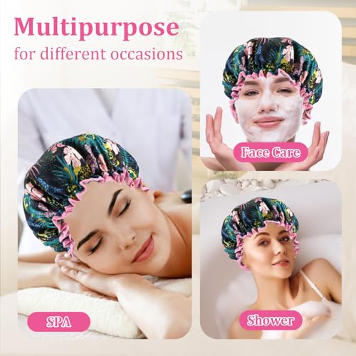 Abeillo 4 Packs Double Layer Shower Caps Reusable Bath Cap Waterproof Elastic Shower Hat Edge Covering Ears for Women Shower Spa Salon - Image 2