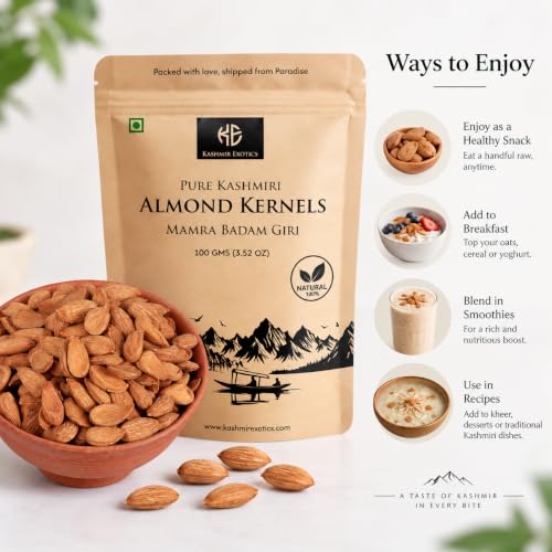 Image of Kashmir Exotics Organic Kashmiri Mamra Almond Kernels 100g - Premium Handpicked Badaam Giri - Rich Oil Content, PUFA & MUFA Rich - 100% Natural Healthy Dry Fruits - Protein & Fiber Rich