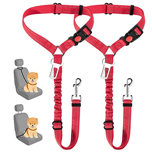 Image of SlowTon Dog Seat Belt for Car, 2 Pack Dog Car Harness Seatbelt with Bungee | 2 in 1 Pet Car Leash Headrest Restraint & Dog Safety Tether Clip, Adjustable with Elastic Buffer, Reflective, Red S