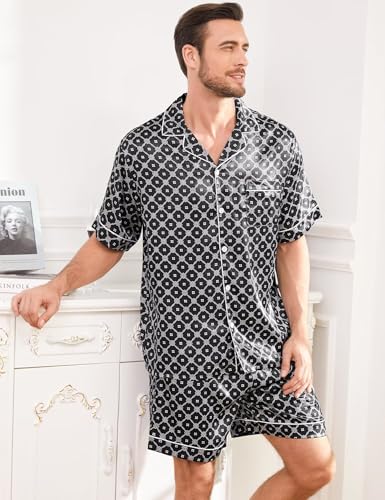 Image of SWOMOG Men Silk Pajama Set Short Sleeve Satin PJs Sets 2 Piece Button Down Sleepwear Soft Summer Loungewear with Pockets