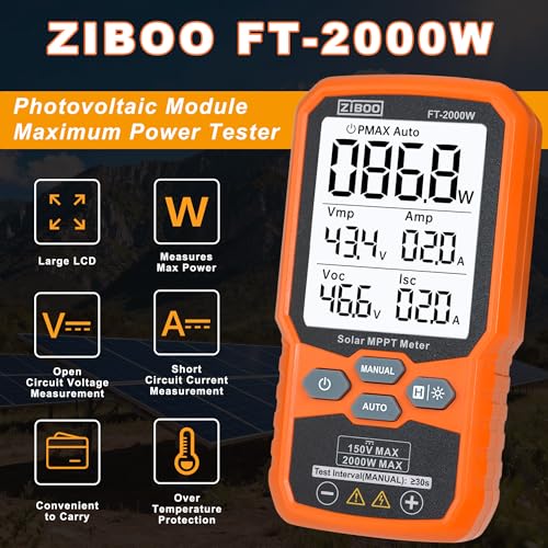 Image of ZIBOO FT-2000W Solar Panel Tester MPPT Meter - 2000W Max Power, 150V /35A PV Module Tester for Voc /Isc, Open Circuit Voltage & Short Circuit Current, with Backlight & Data Hold