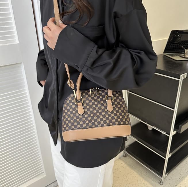 Designer Shell Dome Handbag, Monogram Pattern, Brown Leather Trim, Crossbody Strap4