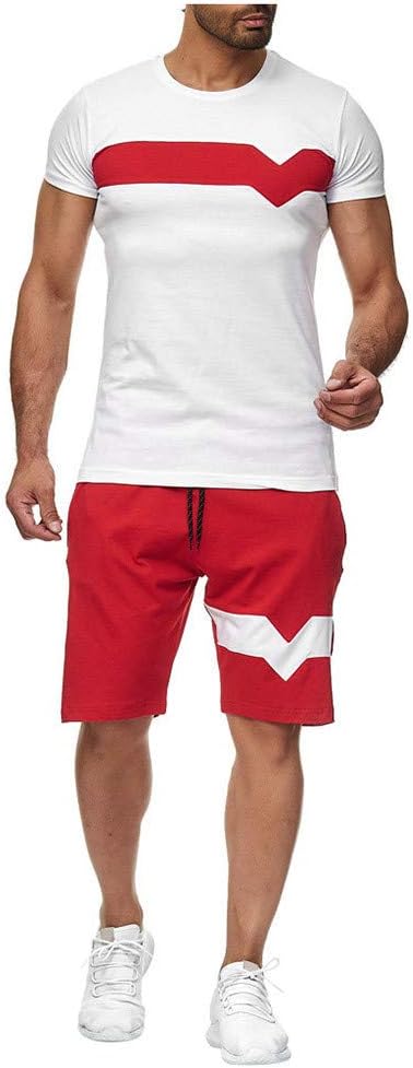 Mens Sets Clothing Two Pieces Casual Summer Sports Suit 2 Piece Sweatsuits for Men Set Solid Color Backwoods Outfit Patchwork Jogger Casual Set Patchwork Tracksuit Red XL