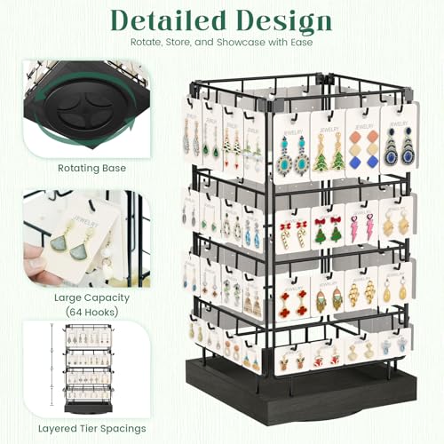 Image of EsLuker.ly Rotating Earring Display Holder Stand for Vendors Events Selling, Large Capacity 64 Hooks Jewelry Rack with Wooden Base for Earring Card Sales, Enhances Retail Visibility