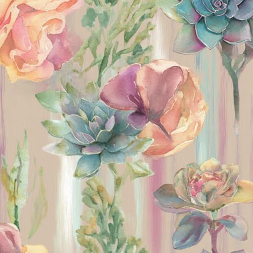 壁紙 45cm x 300cm 剥がせる 水彩画の花と多肉植物のパターン、柔らかなパステル調の色合い 多機能 防水/汚れ防止/防油 食器棚 クロ 玄関 ふすま紙 家具 部屋 DIY 賃貸OK