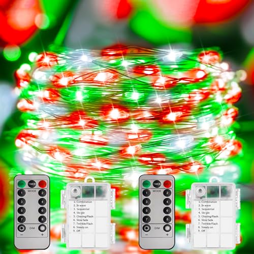Image of Christmas Lights Red White Green, 2 Pack Total 200LED Copper String Lights Battery Operated Remote Control Fairy Lights for Xmas Tree, Party, Home, Indoor Outdoor Decor