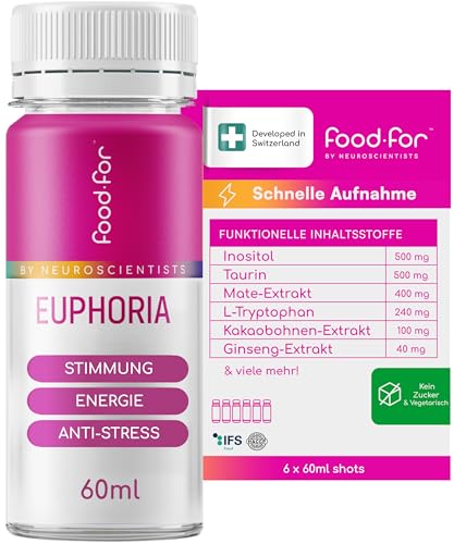 FOODFOR EUPHORIA Serotonin Shot - Mit Inositol, Taurin, Mate-Extrakt, L-Tryptophan, Kakaobohnen & Ginseng - Zuckerfrei, Vegetarisch, Schnell wirksam, Stimmungs- und Energie-Booster, 60 ml | 6-Pack für 22,95 EUR (-17%) statt 59,90 EUR bei amazon.de Bild: FOODFOR EUPHORIA Serotonin Shot - Mit Inositol, Taurin, Mate-Extrakt, L-Tryptophan, Kakaobohnen & Ginseng - Zuckerfrei, Vegetarisch, Schnell wirksam, Stimmungs- und Energie-Booster, 60 ml | 6-Pack für 22,95 EUR (-17%) statt 59,90 EUR bei amazon.de