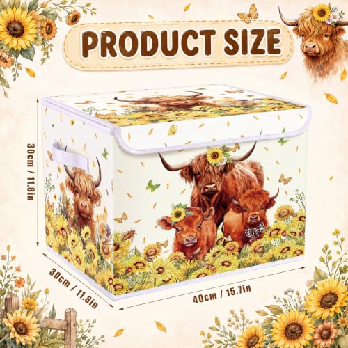 Image of Briwooody Highland Cow Storage Bin with Lid and Carrying Handle Sunflower Cow Foldable Storage Box Large Farm Cattle Decorative Collapsible Container Basket for Organizing Closet Home Bedroom Gift
