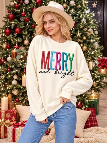HOTHYPOP Christmas Sweatshirts For Women Crewneck Embroidered Tops Apricot - image 6