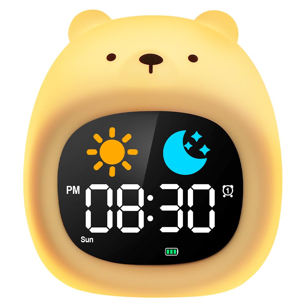 HOTUT Sveglia Bambini, Sveglia Digitale per Bambini, Sveglie da comodino con Luce Notturna Funzione Snooze Timer, 8 Colori Dimmerabile Lampada Notturna Ricaricabile, 6 Suonerie&Colori 8 Musica, Orso