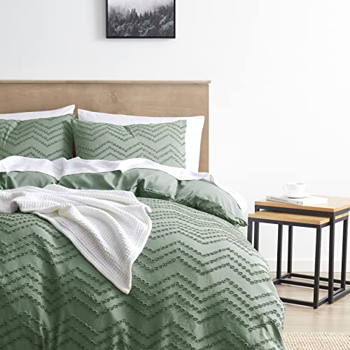 Image of Green Duvet Cover King Size - Boho Bedding King Duvet Cover Set, 3 Piece Tufted Double Brushed Boho Duvet Cover King with Zipper Closure, 1 King Size Duvet Cover Set 104x90 Inches and 2 Pillow Shams