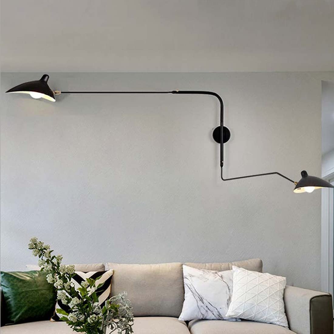 Lampada da parete salotto vintage nera rettangolare applique in metallo regolabile, lampada da lettura camera da letto, retro orientabile spot da parete soggiorno, faretto da parete rustico, Ø120+65cm