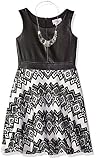 Bloome Big Girls Sleeveless Knit Tribal Printed Dress with Necklace, Black/Ivory, 7