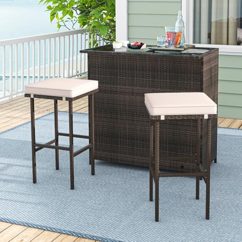 HAPPYGRILL 3 Pieces Patio Bar Set PE Wicker Outdoor Bar Table and Stools Set with Removable Cushions, Tempered Glass Tabletop and Storage Shelves for Porch, Backyard, Garden and Poolside - Thumbnail 4