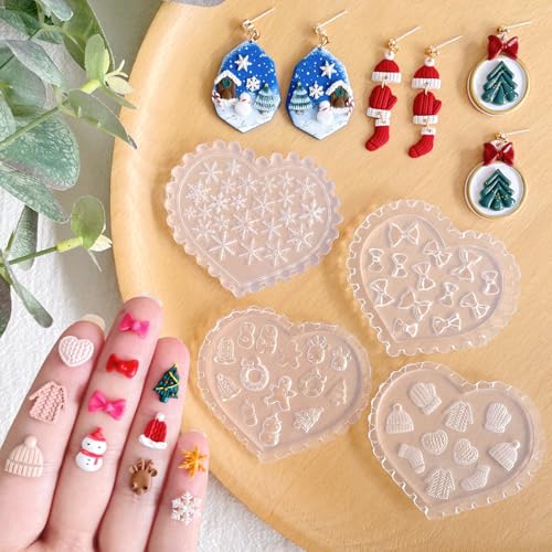 KEOKER Christmas Polymer Clay Molds Winter Silicone Molds Polymer Clay Mini Molds 4pcs Earring Molds for Polymer Clay Polymer Clay Molds for Jewelry(Substitute Micro Clay Cutters)