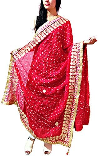 PK HUB Dresses Jaipuri Rajasthani Women's Tapeta Art silk bandhej Dupatta with Heavy Gota Patti Work (free size) (Red Heavy Bandhej), Maroon, Free Size