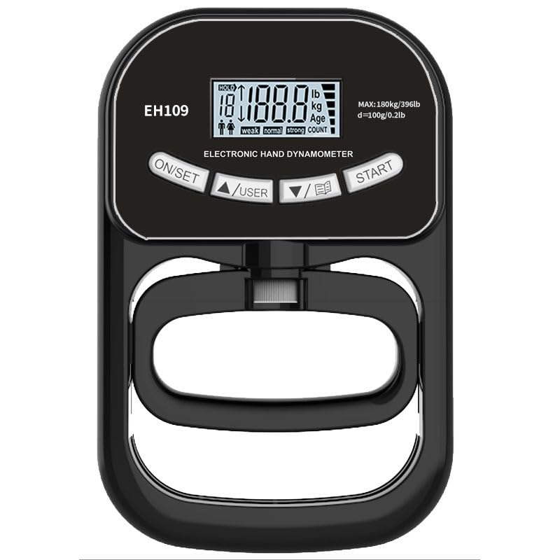 Digital Hand Dynamometer - Grip Strengthener Measurement Meter with Auto-Capture, 90kg/198lbs Capacity, Adjustable Handle, LCD Display, Sports & Clinical Use (Black)