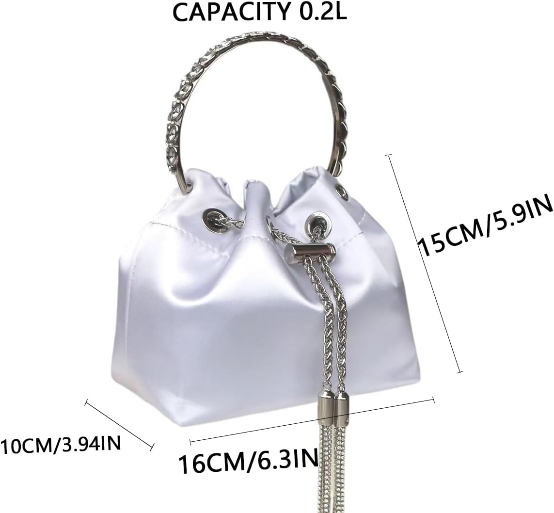 crystal handle evening handbag, white satin with silver tassels, women's drawstring bucket handbag - Image 2