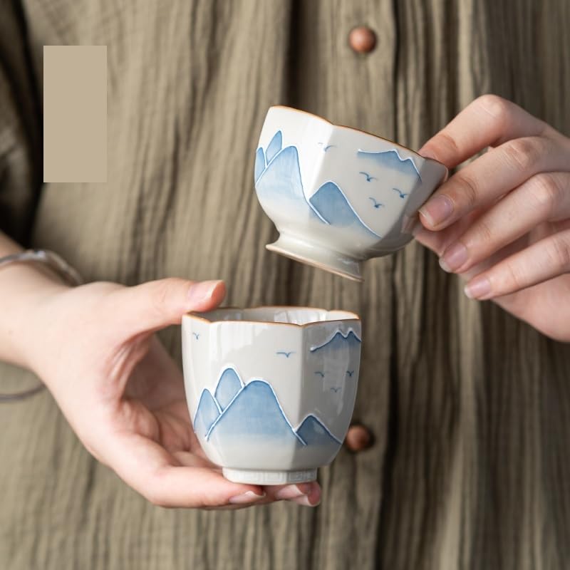 Kaffeetasse für Restaurant, Haupttasse mit handbemalter Landschaft, unter Glasur, Keramik-Teetasse Kung Fu, einfache Tasse für Zuhause, Kaffeetasse für heiße und kalte Getränke (A)