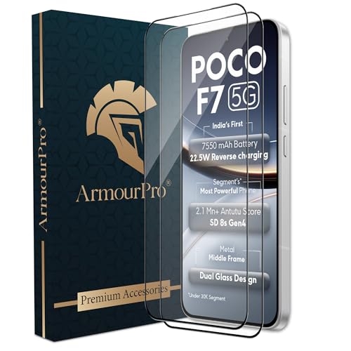 Image of ArmourPro Military Grade Gorilla Tempered Glass Compatible For Poco F7 (6.83 Inch) With Easy Installation Kit for Smartphone| Edge To Edge Coverage | Black, Pack of 2