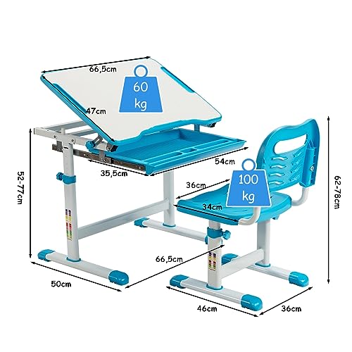 GOPLUS Escritorio infantil de altura ajustable con silla, altura ajustable e inclinable, diseño ergonómico con cajón, a partir de 4 años (azul) - imagen 3