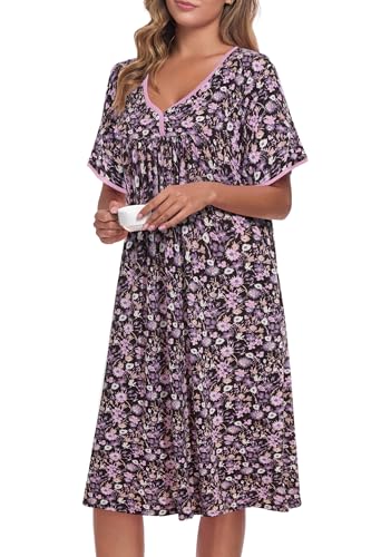 Image of AVIIER Nightgows for Women Soft Cotton Night Shirts Short Sleeve Sleepwear with Pockets