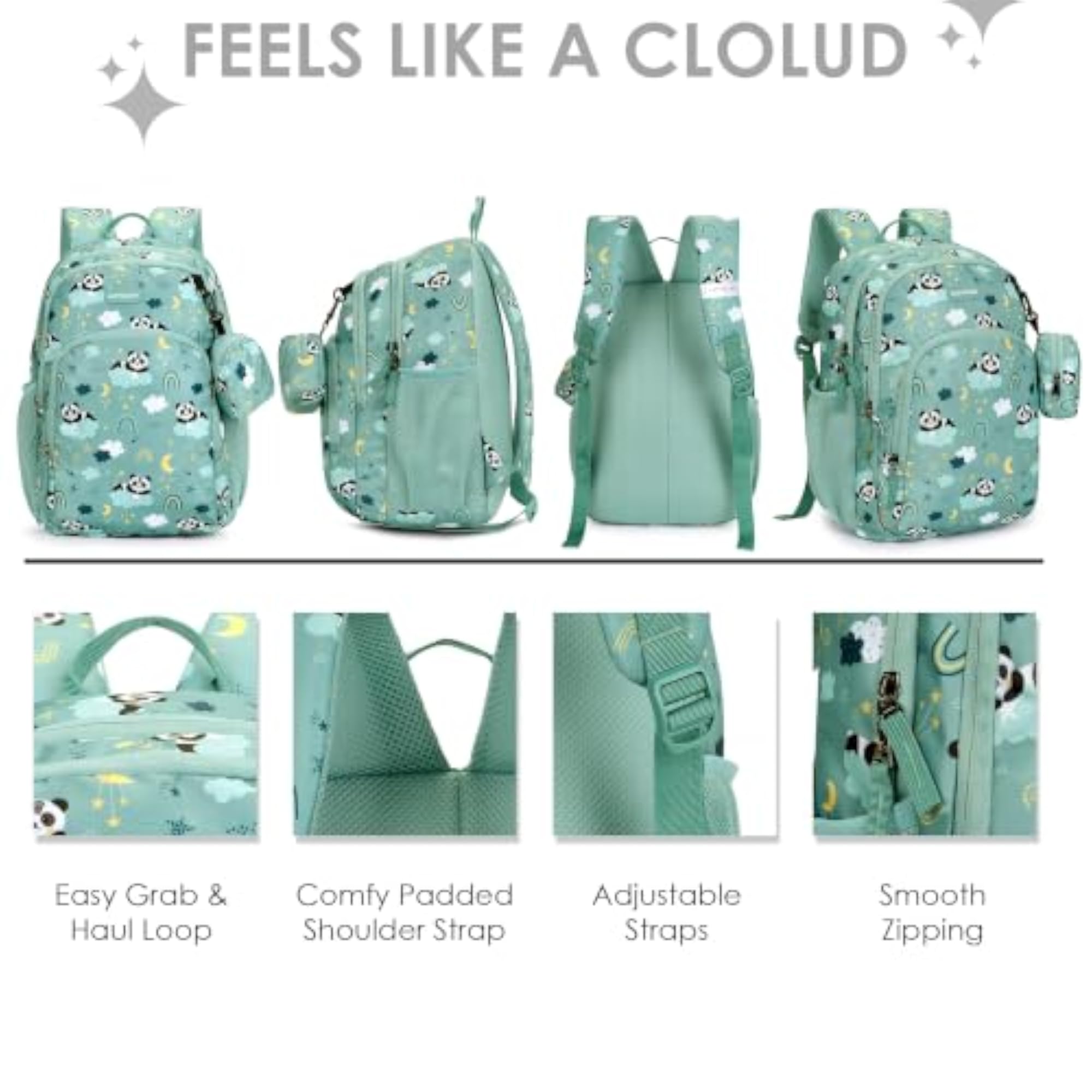 Panda Themed Water Resistant School Backpack for Girls