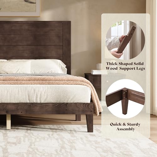 Image of AMERLIFE Queen Size Bed Frame with 48 inch Tall Headboard, Mid Century Modern Solid Wood Platform Bed with Silent Wood Slat System, No Box Spring Needed, Under-Bed Storage, Dark Walnut