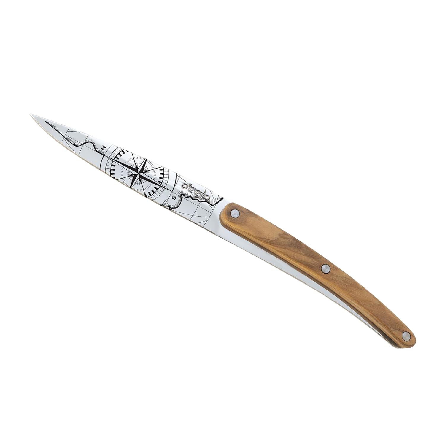 deejo - Lot de 2 Couteaux d’Office - Manches en Bois d’Olivier et Corail, Motifs Globe Trotter et Terra Incognita - Lames Fixes en Acier Inoxydable 2CR14, Finition Miroir