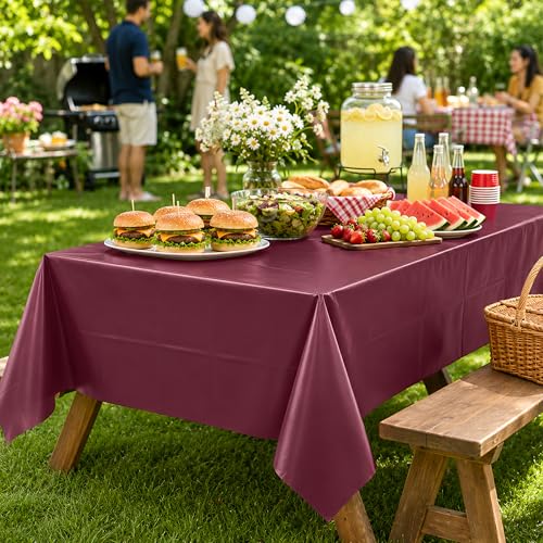 Image of WNINK 2 Pack Burgundy Disposable Plastic Tablecloths, Waterproof Rectangle Table Covers 54 x 108 Inch, Party Tablecloth for Birthday Party, Baby Shower, Wedding, Holiday and Event Decorations