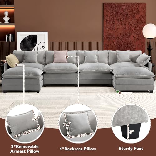 Ihanherry 146" U-Shaped Modern Sofa Modular Sectional Cloud Couch with 2 Ottoman, 6-Seat Chenille Deep Seat Sofa with 6 Pillows for Living Room, Bedroom and Apartment, Grey - Image 7