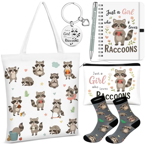 Hestya 6 Pcs Raccoon Lover Gift Shopping Tote Bag Keychain Cosmetic Bag Spiral Notebook Ballpoint Pen Socks Just a Girl Who Loves Raccoons Birthday Valentines Day Gift