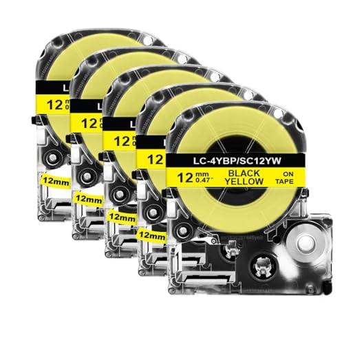 2PK 5PK SS12KW 12mmラベルテープLW-300 400 600p SS12KW 4WBN SC12YWラベルテープと互換性のあるラベルメーカー(5PK Black on Yellow)